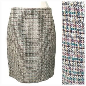 Brooks Brothers Gold, Pink & Green Boucle Tweed Pencil Skirt- Size 6